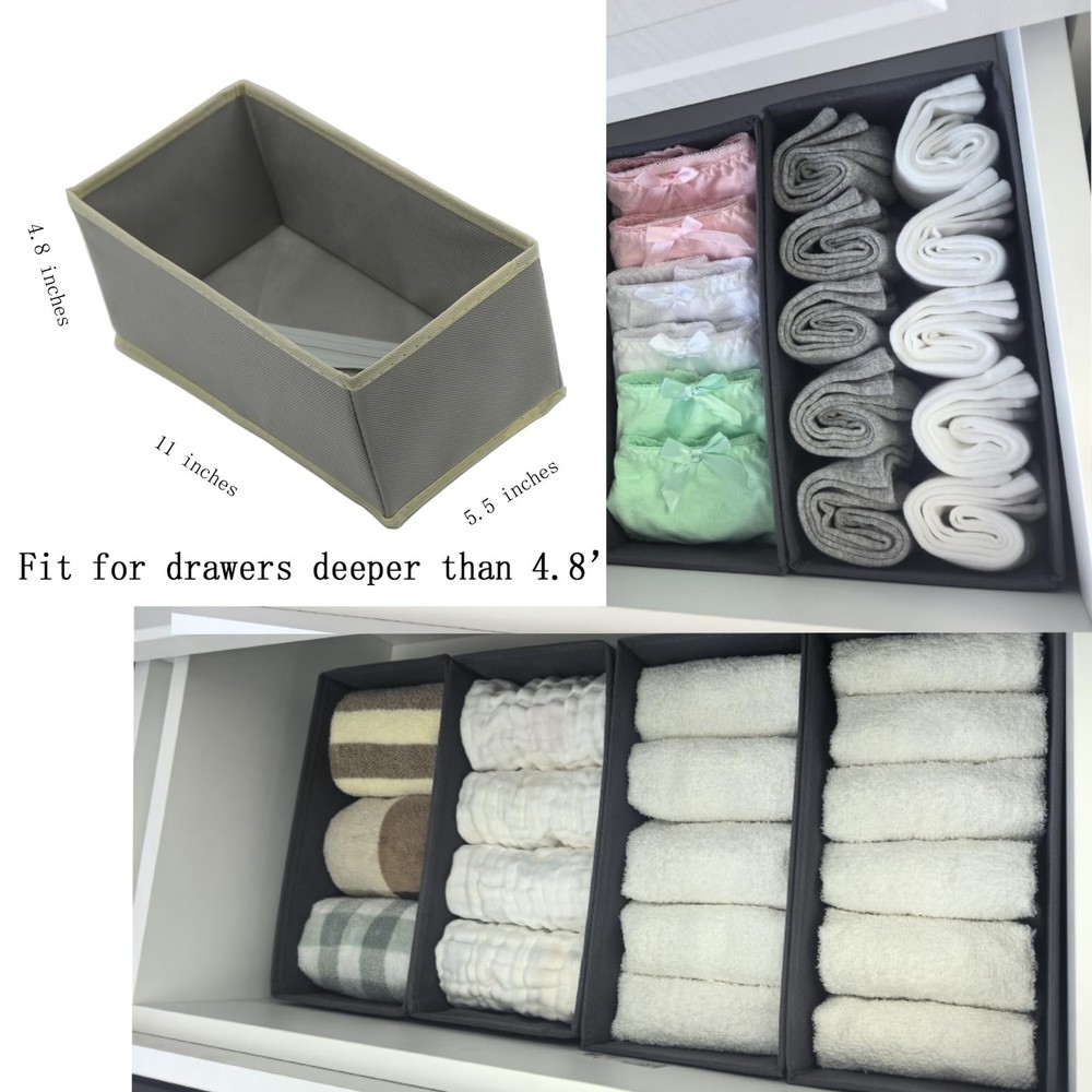 Bructhun Sock Drawer Organizer 3 Pack - Foldable Fabric Storage Light Gray
