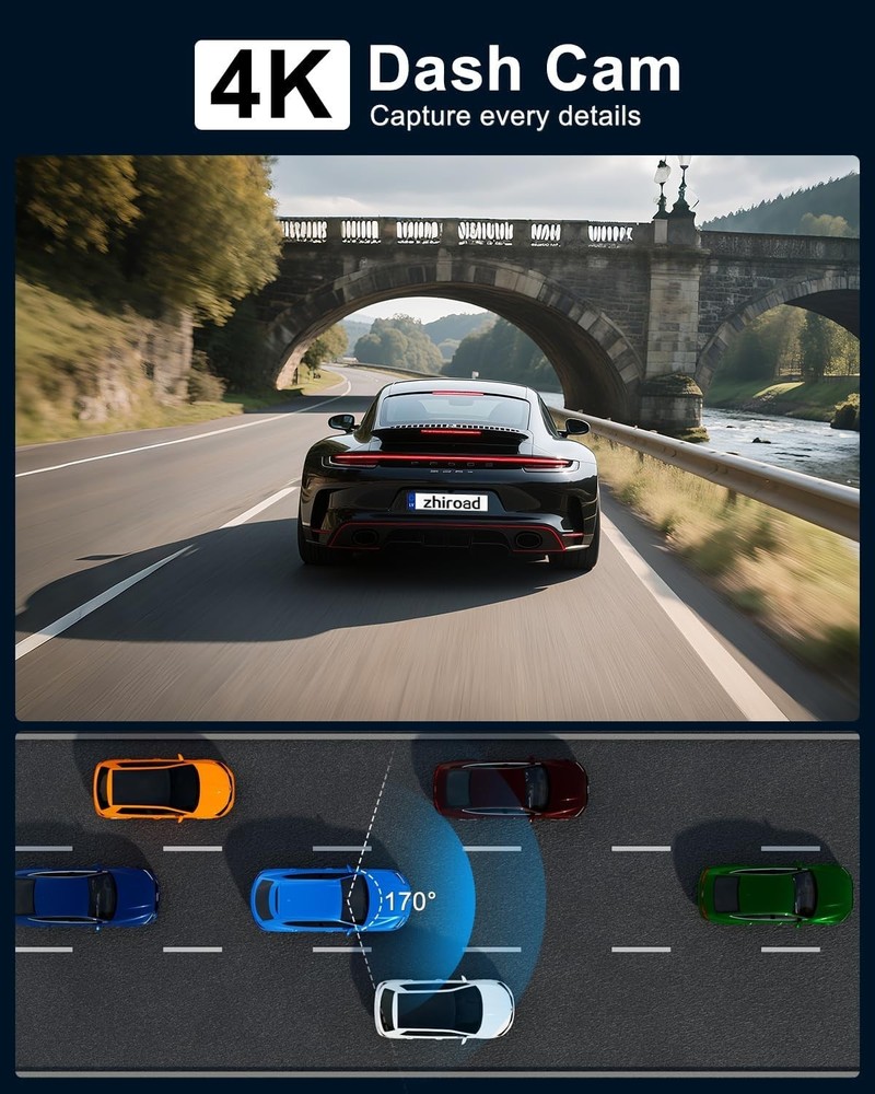 WiFi Enabled 4K Dash Cam with Loop Recording & G-Sensor - Includes 64GB Card