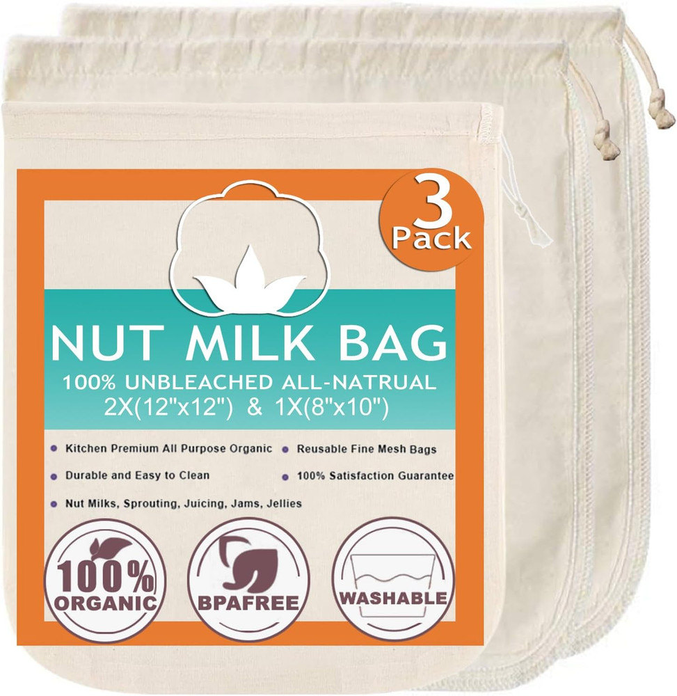 Organic Nut Milk Bag Set - 3 Pack Fine Mesh Strainers for Juicing & Sprouting