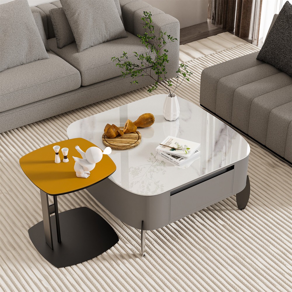 32'' Diameter Modern Coffee Table Luxury Stone Top Saddle Leather Center Table