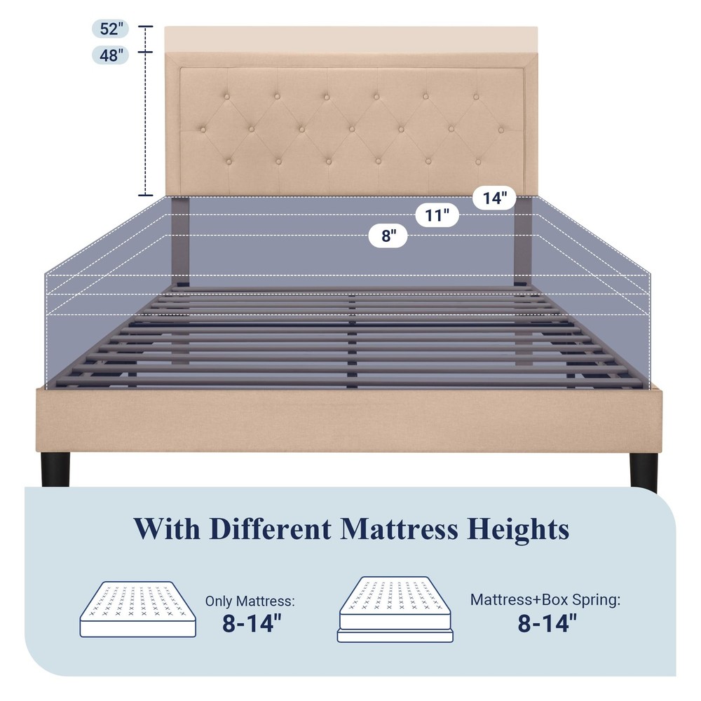 Queen Size Button Tufted/Fabric Upholstered Bed Frame with Adjustable Headboa...