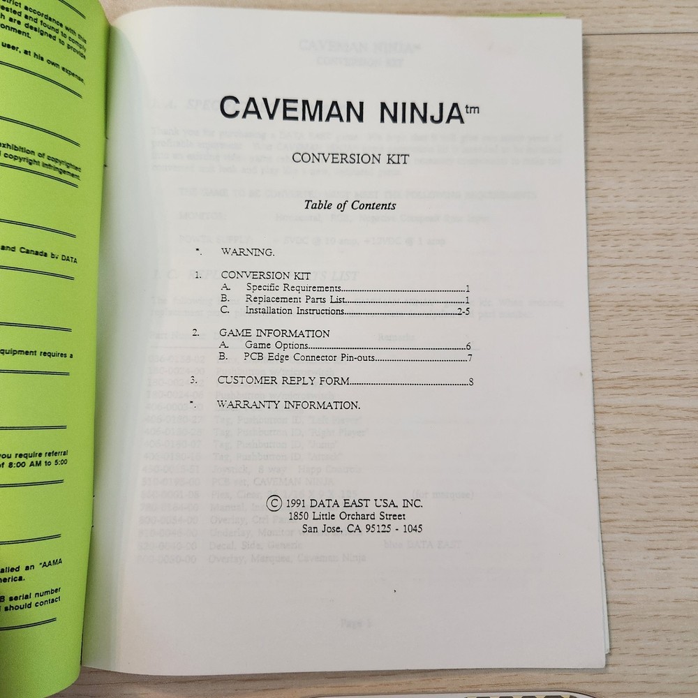 CAVEMAN NINJA Conversion Kit Manual Data East 1991