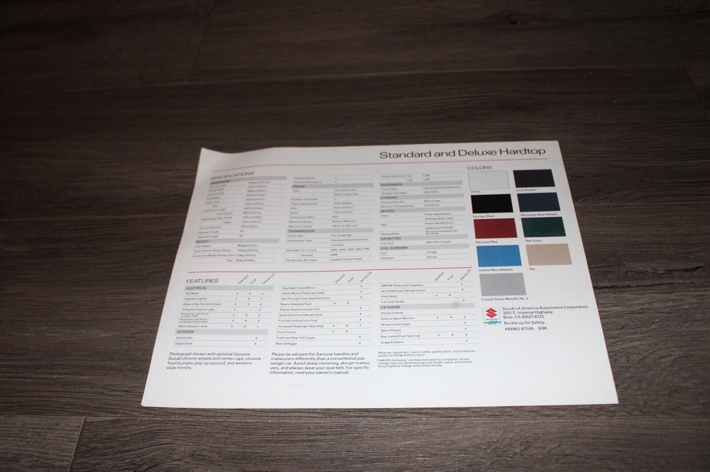 1987 Suzuki Samurai Hardtop single sheet sales brochure