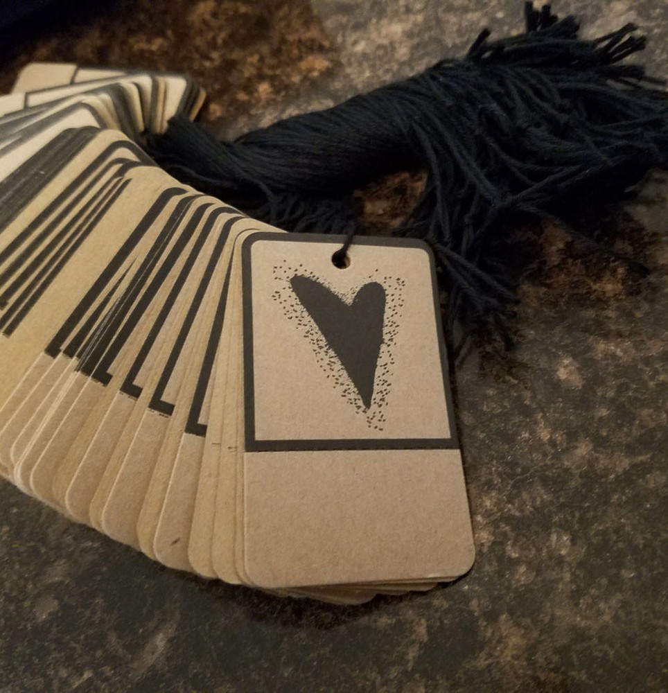 100 ~ Primitive Pre-Strung HEART Kraft Hang Tags ~ Perforated
