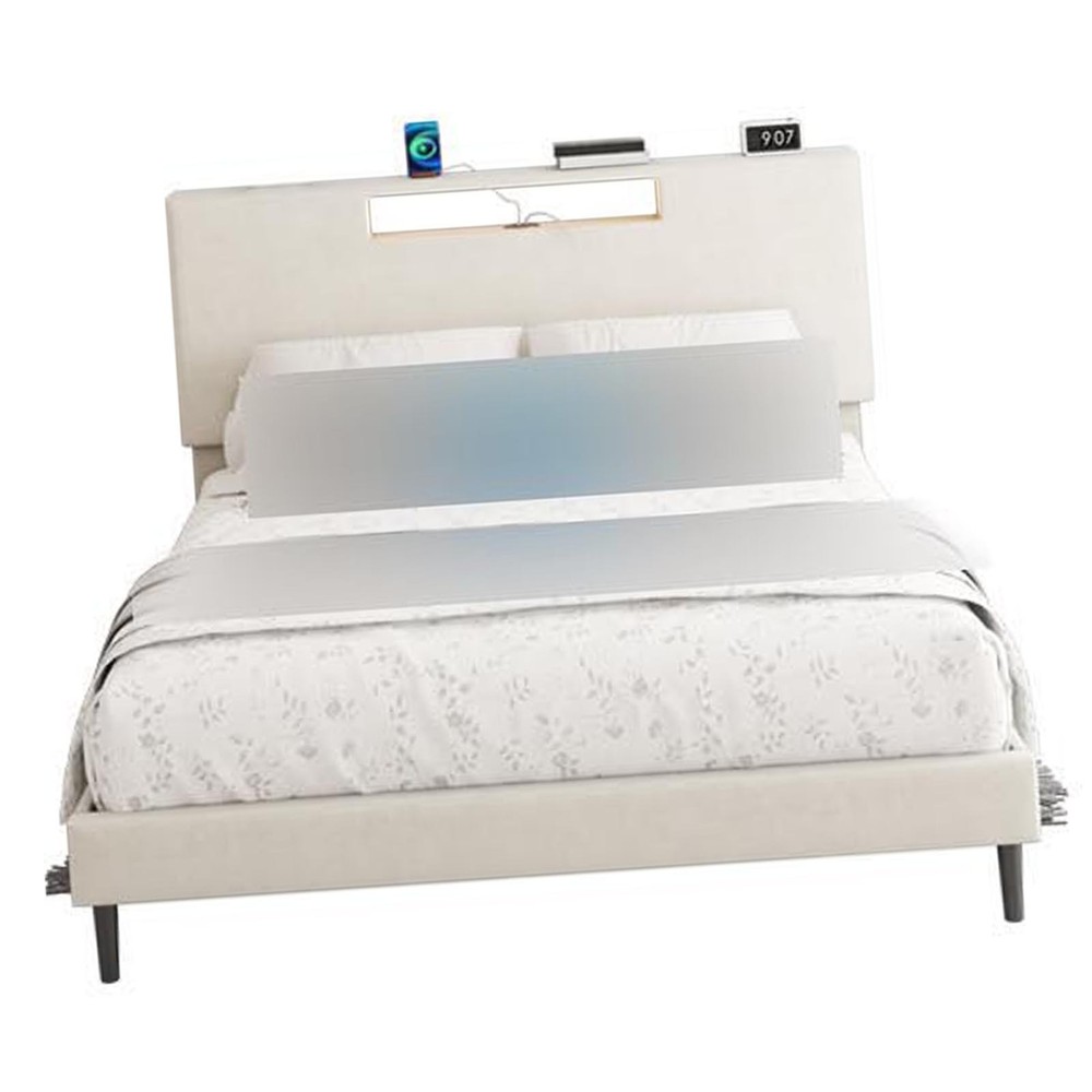 Upholstered Platform Bed Large Size Frame With LED Light And Charging Function