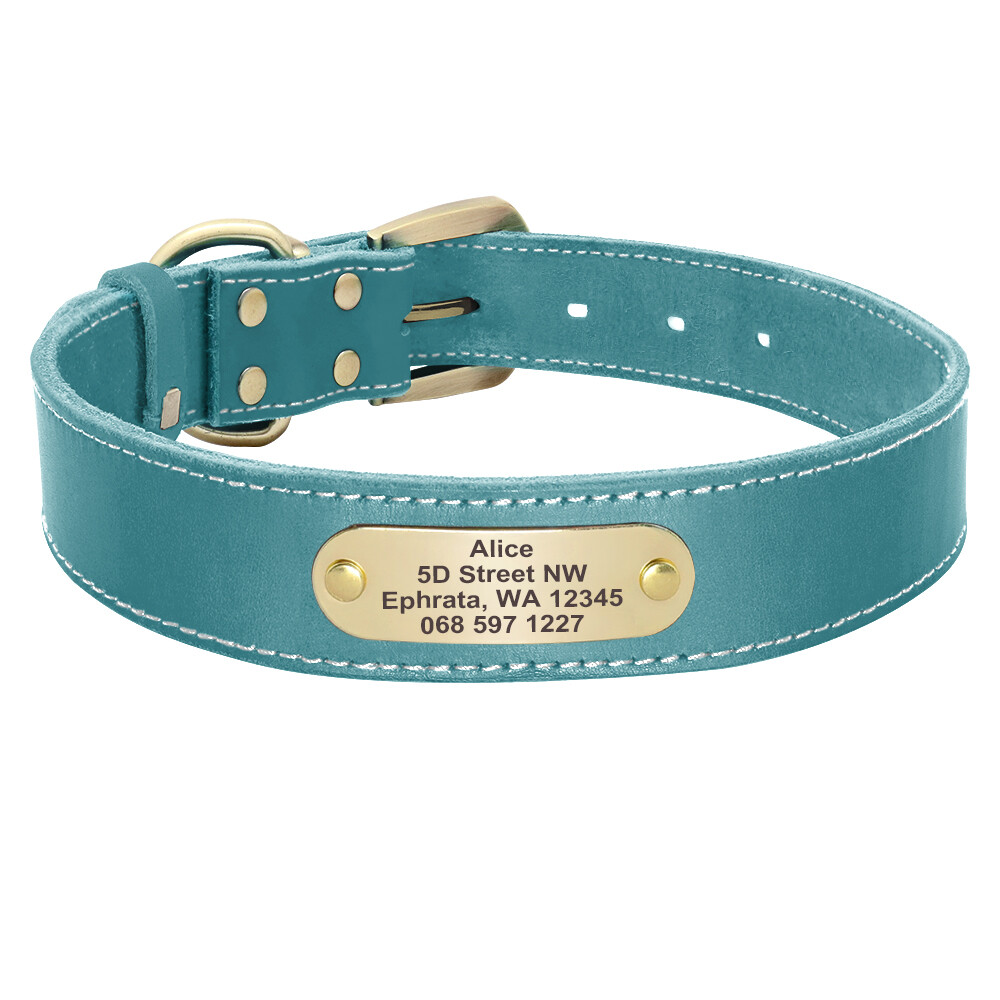 Custom Dog Collar Real Leather Personalized Brass Name Plate Small Medium Large