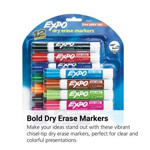 EXPO Low Odor Dry Erase Markers, Chisel Tip, Assorted 12 Count