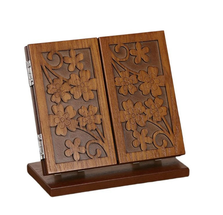 7.07" Handcarved Desktop Makeup Mirrors Foldable Three Sided Wooden Base Mirror