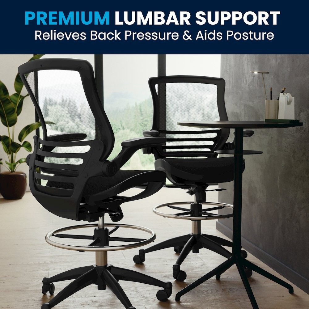 Mid-Back Transparent Black Mesh Drafting Chair with Black Frame and Flip-Up...
