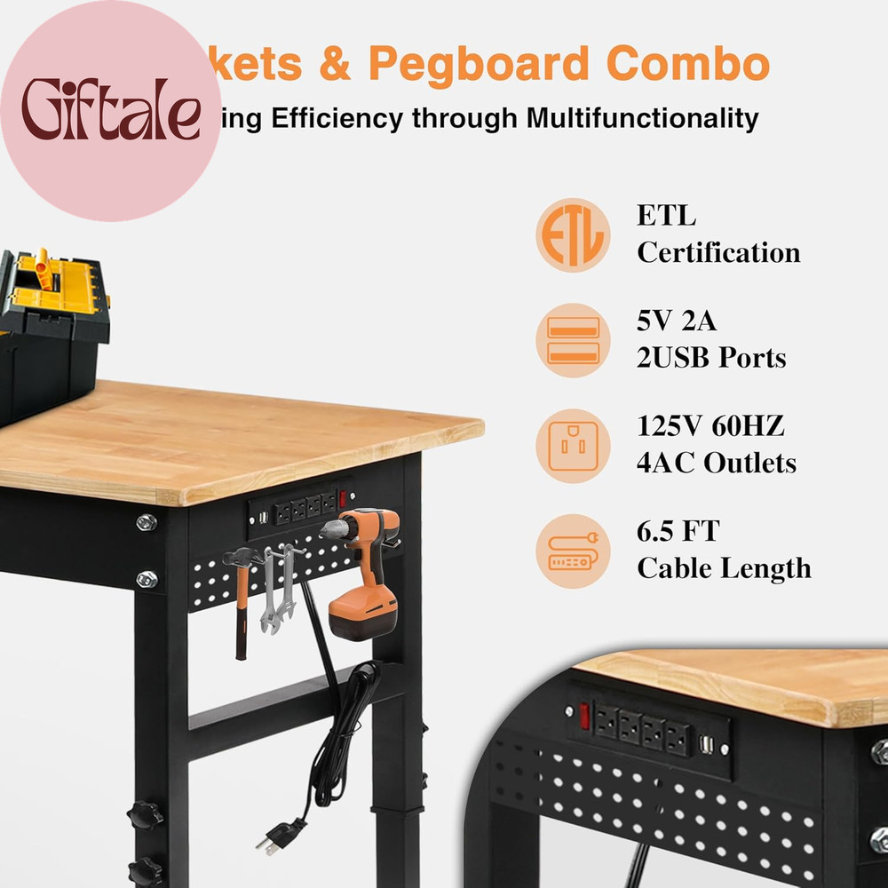 70" Adjustable Height Workbench, 2000 LBS Heavy Duty Work Table with Power Outle
