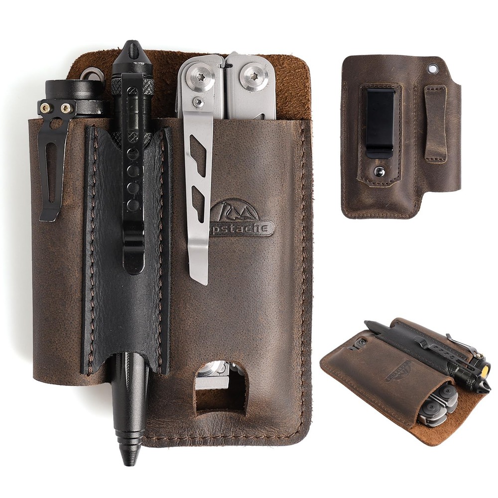 Topstache Leather Multitool Sheath: EDC Belt Organizer, Flashlight Pen Holder