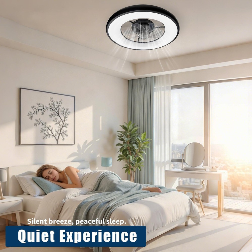 Modern Circular Ring Ceiling Fan LED Light Dimmable Remote Quiet Low Profile