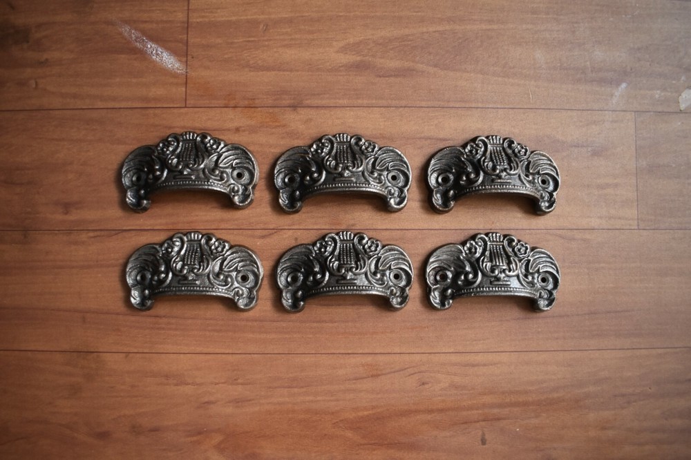 Victorian cast iron Cup cabinet drawer door knobs handles pull rustic 6 pcs
