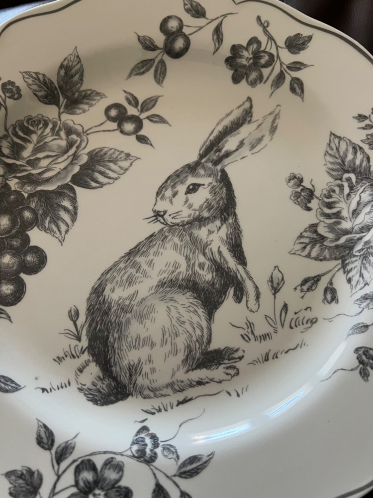 New Maxcera Toile Bunny Gray Rabbit Easter 11 1/2 Plate