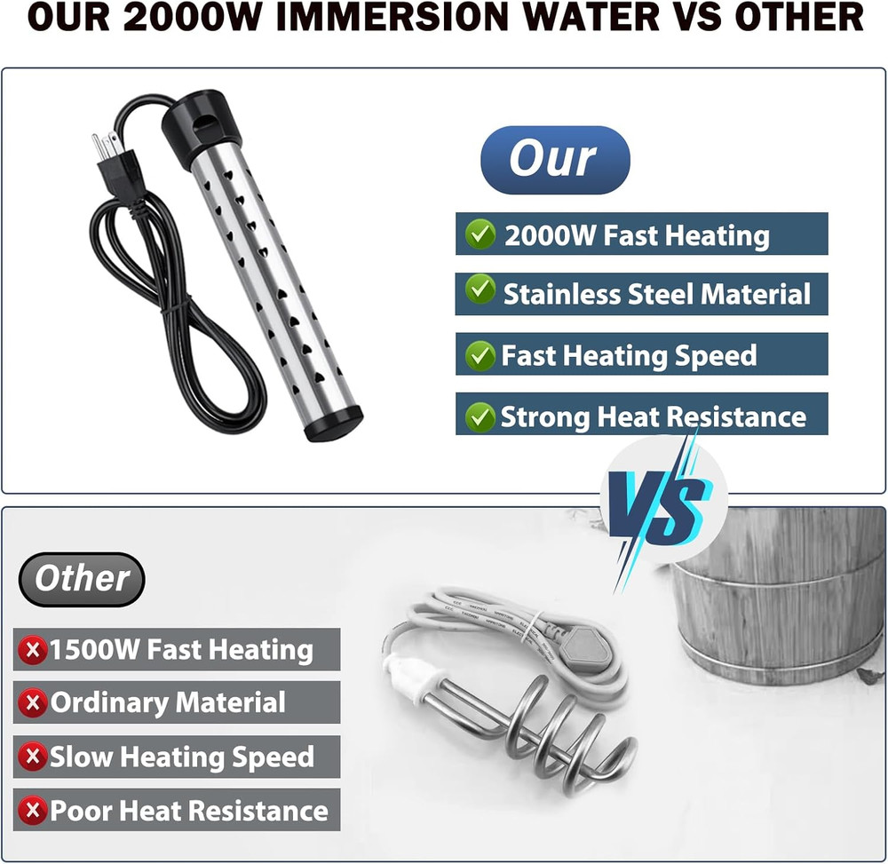 2000W Immersion Heater, Portable Electric Water Heater Fast Heating for Buckets