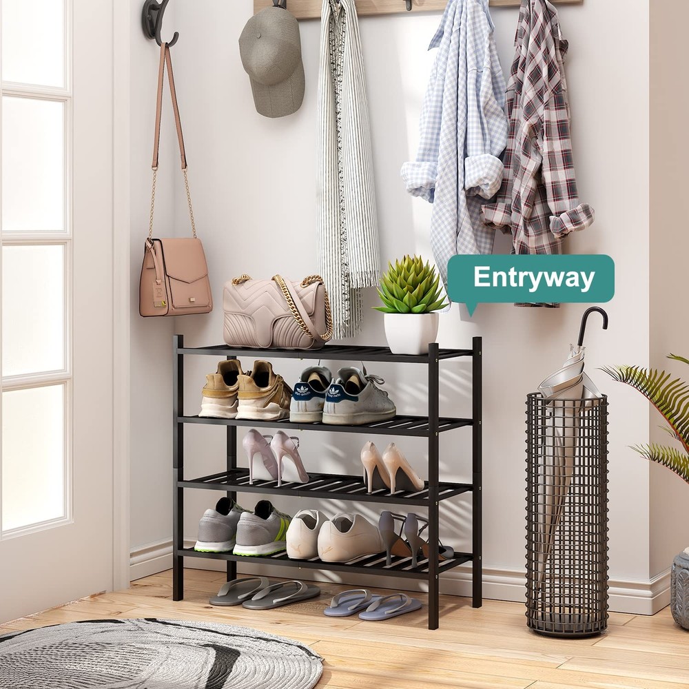 4Tier Black Bamboo Shoe Rack, Foldable Stackable FreeStanding for Entryway