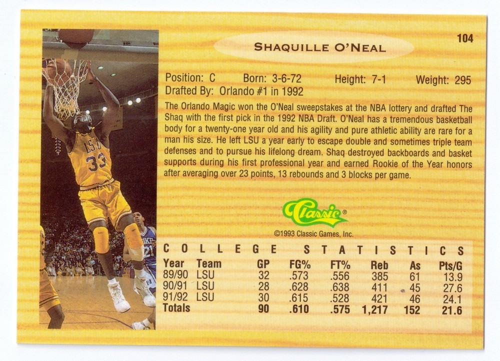 1993 Classic Draft Picks #104 Shaquille O'Neal "92 Flashbacks Classic Games