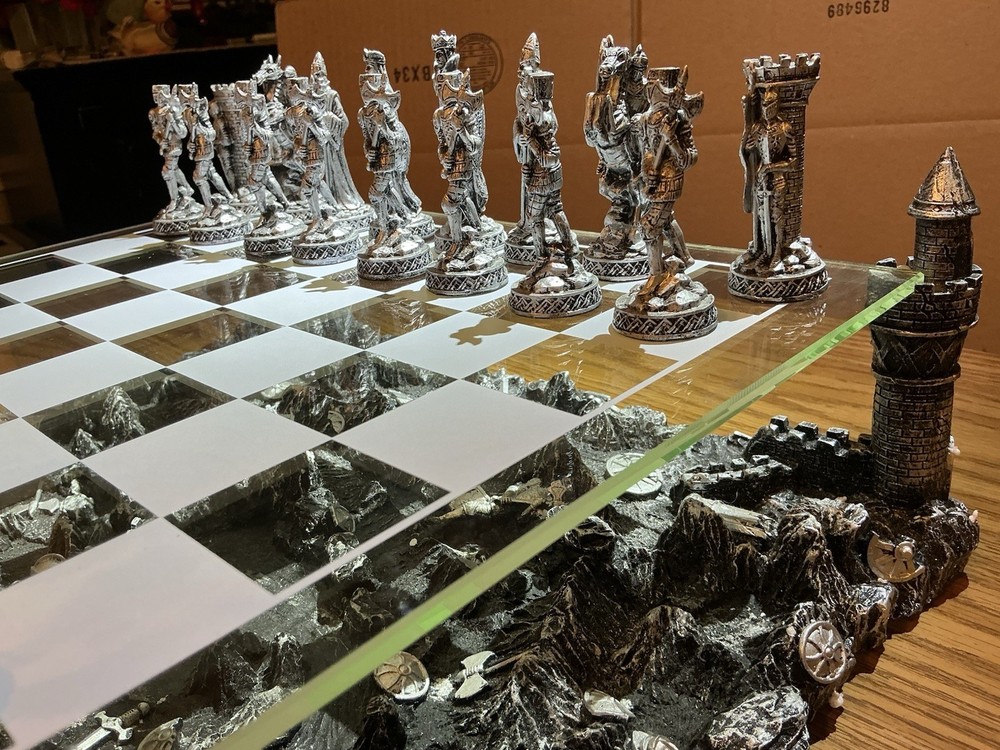 Medieval Knight Chess Set with Castle Platform & Glass Board
