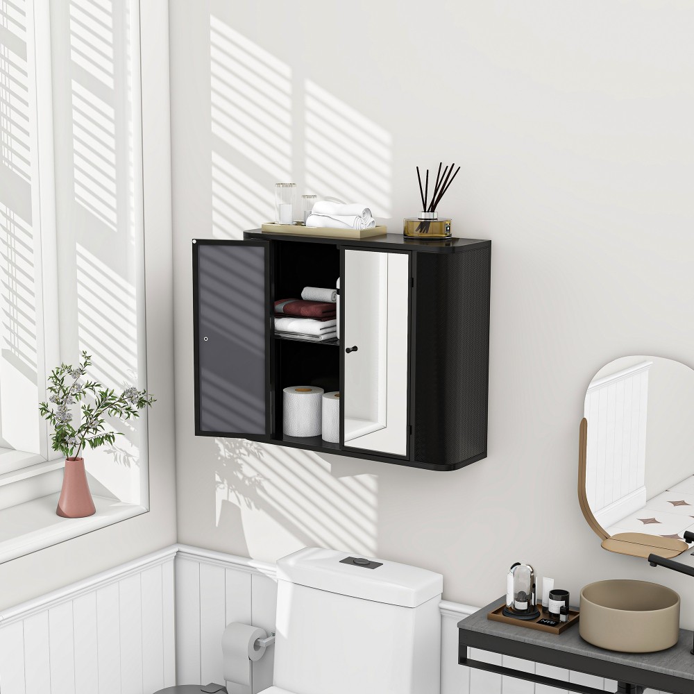 Wall Mounted Bathroom Cabinet W Mirror 2 Mirrored Doors Open Compartment