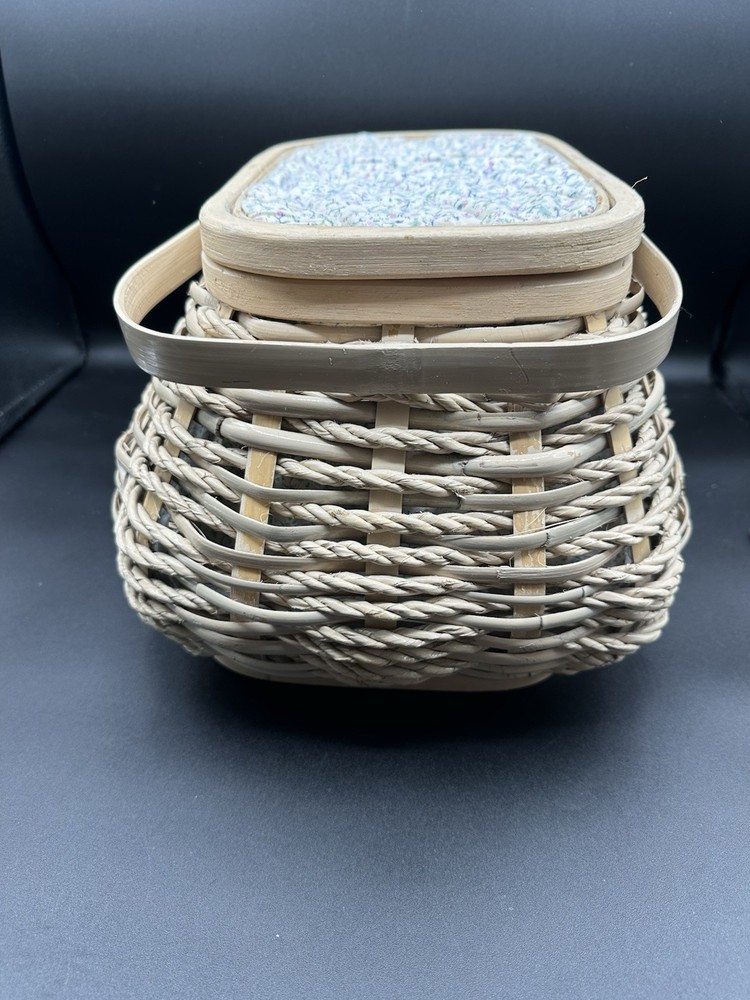 Beautiful Fabric Lined Wicker Lidded Sewing Basket With Handles
