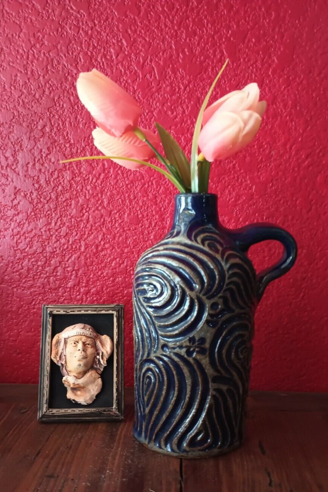 Studio Art Pottery Jug Raised Relief Blue Glazed Handle Signed