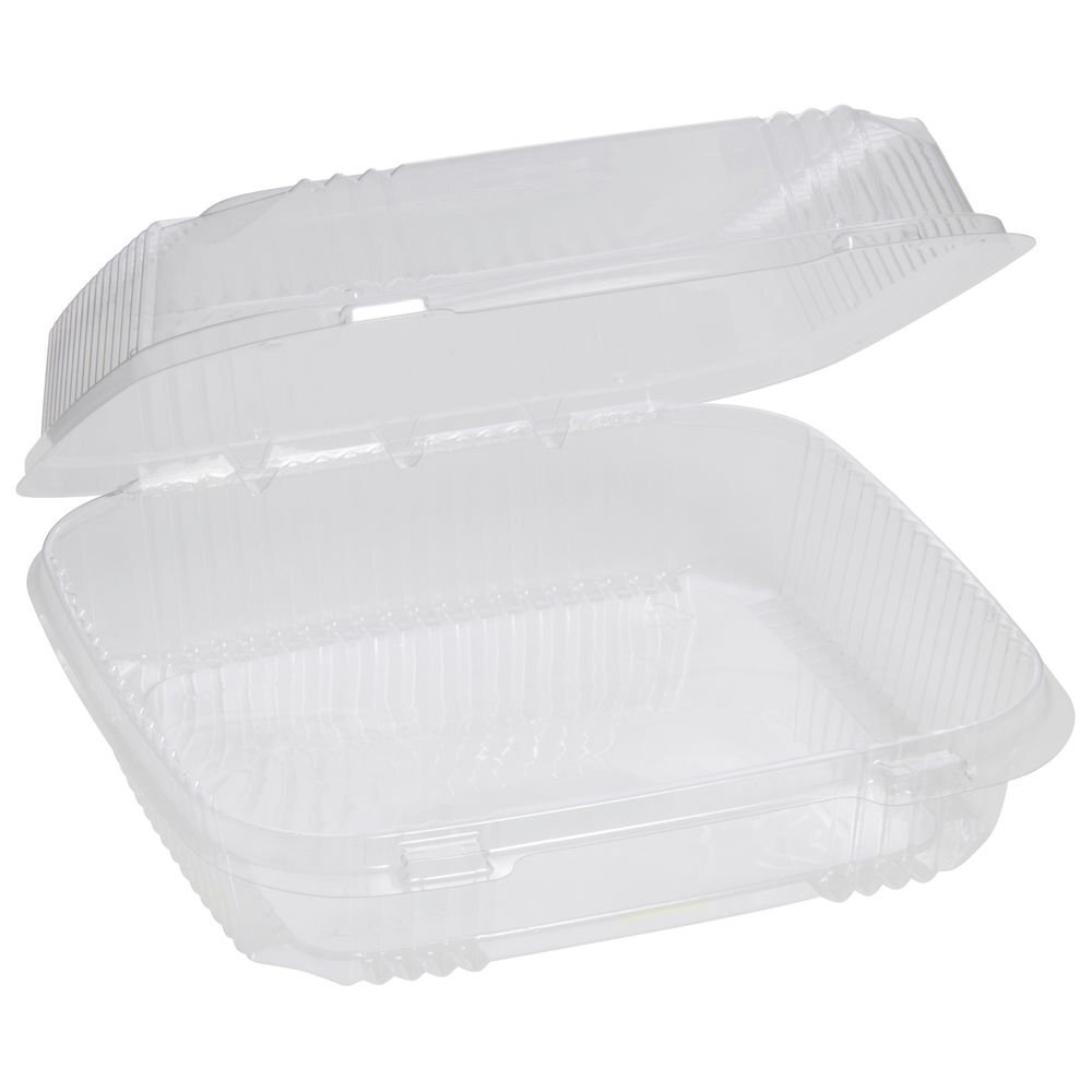 Carryout Clamshell Container Medium Clear Polystyrene Hinged - 8 3/16 L x 8 5/8