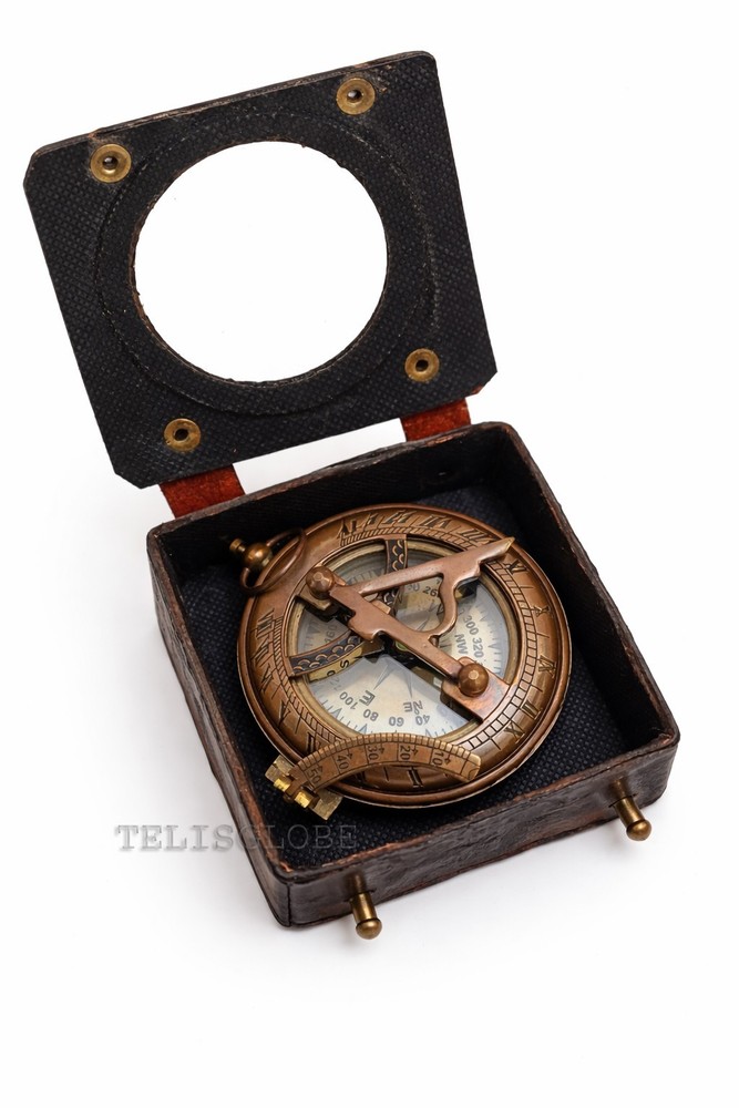 Vintage Brass Compass Set with Leather Case & Chain