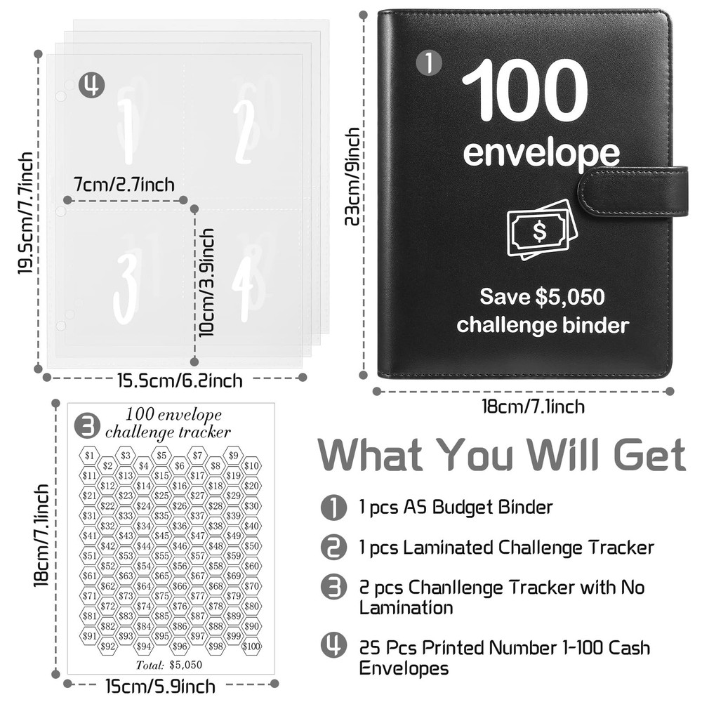 100 Envelopes Money Saving Challenge Binder with Laminated Tracker, Budget Bi...