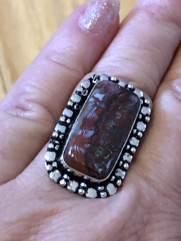 Red Lake Superior Agate Rectangular Cushion Ring Size 7.5 Artisan Southwest