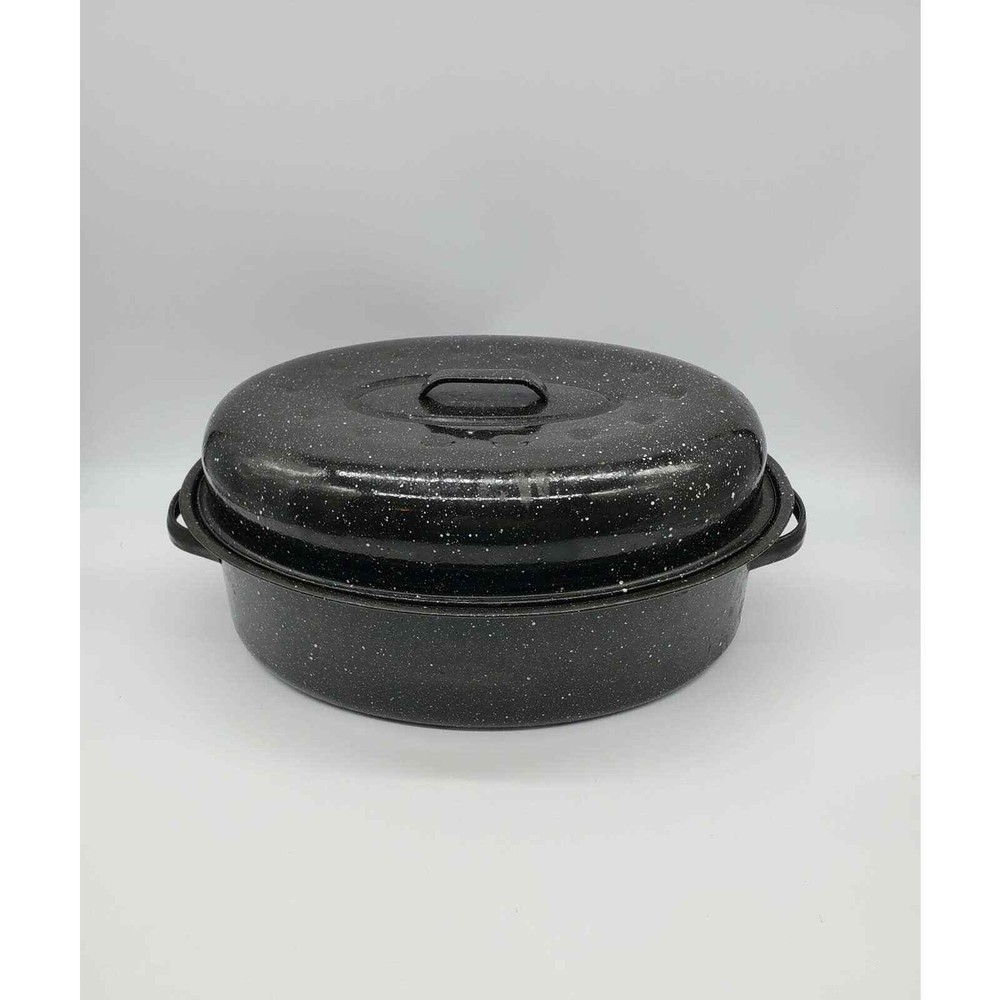 Large Black Speckled Enamelware Roasting Pan