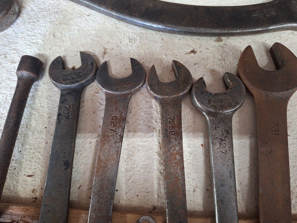 Vintage Williams metal toolbox with multiple Wrenches used