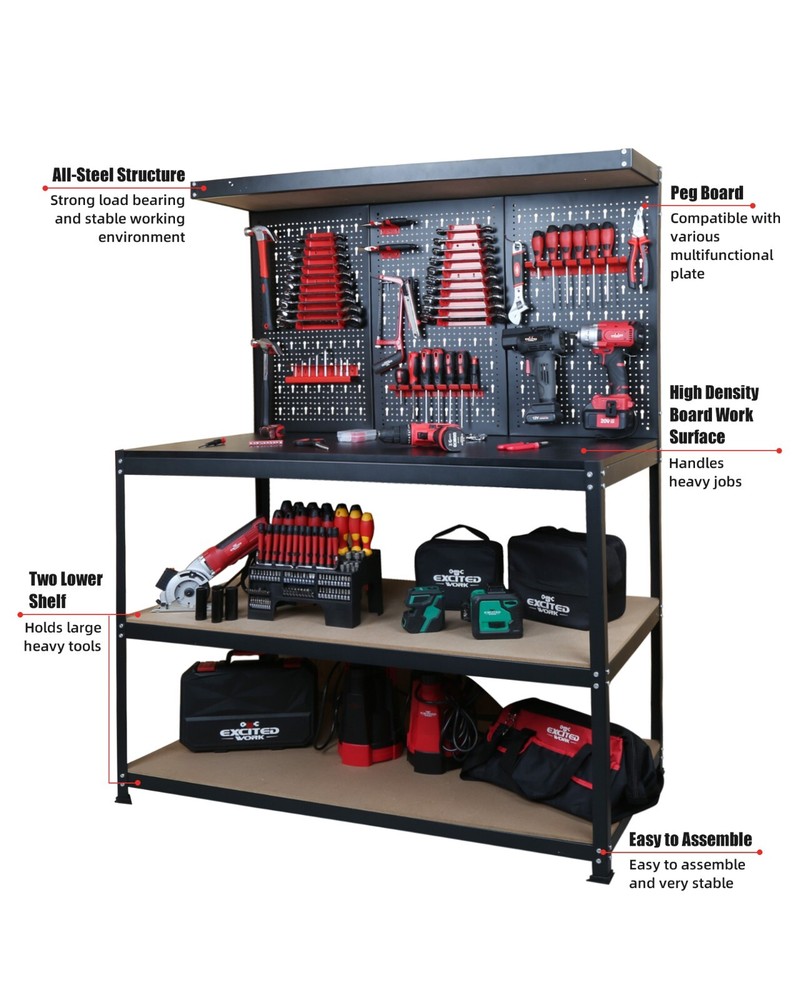 EXCITED WORK Three-Layer Heavy-Duty Steel Tool Workbench with Pegboard Shelves