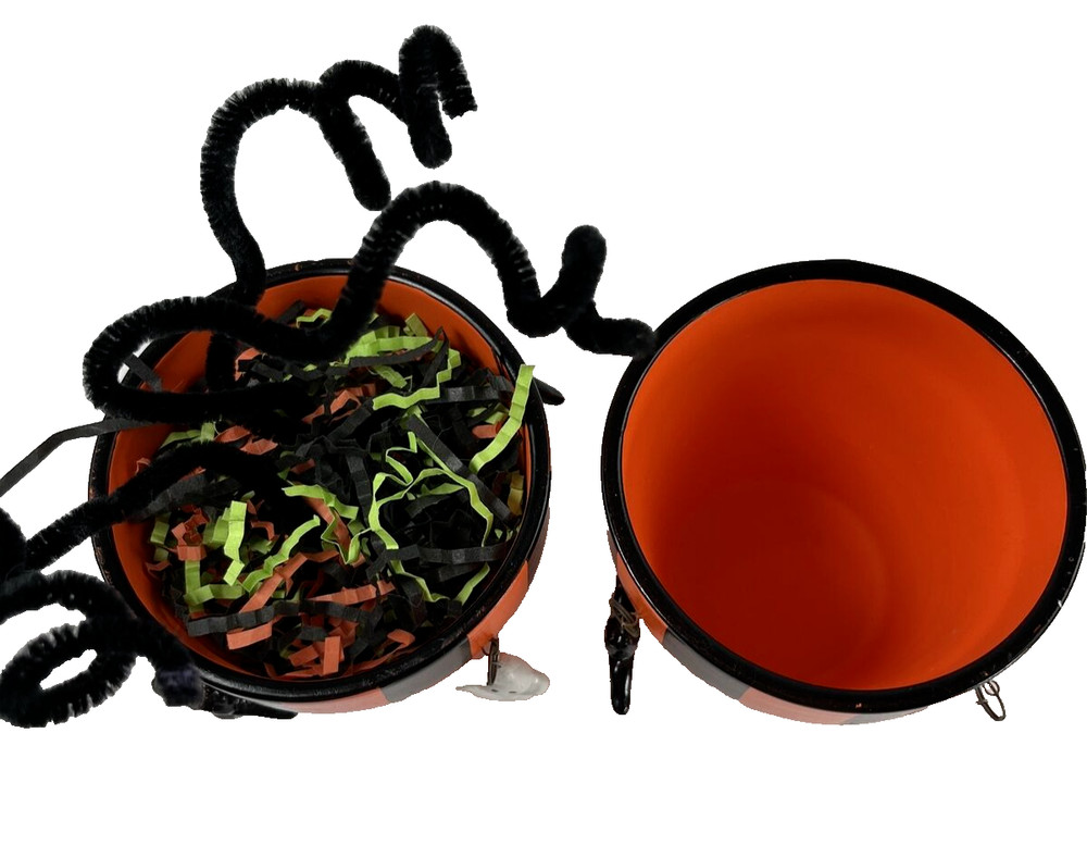 2 Ceramic Halloween Planters 1 Decorated Orange Black Spooky Dangles Spider Webs