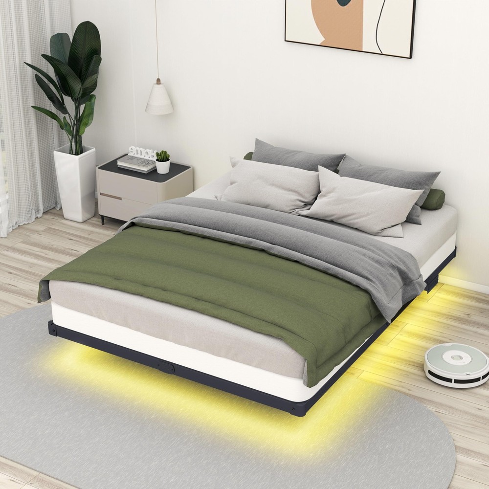 Floating Bed Frame Full LED Metal Platform Bed Frames 8 Inch Modern Bed with ...