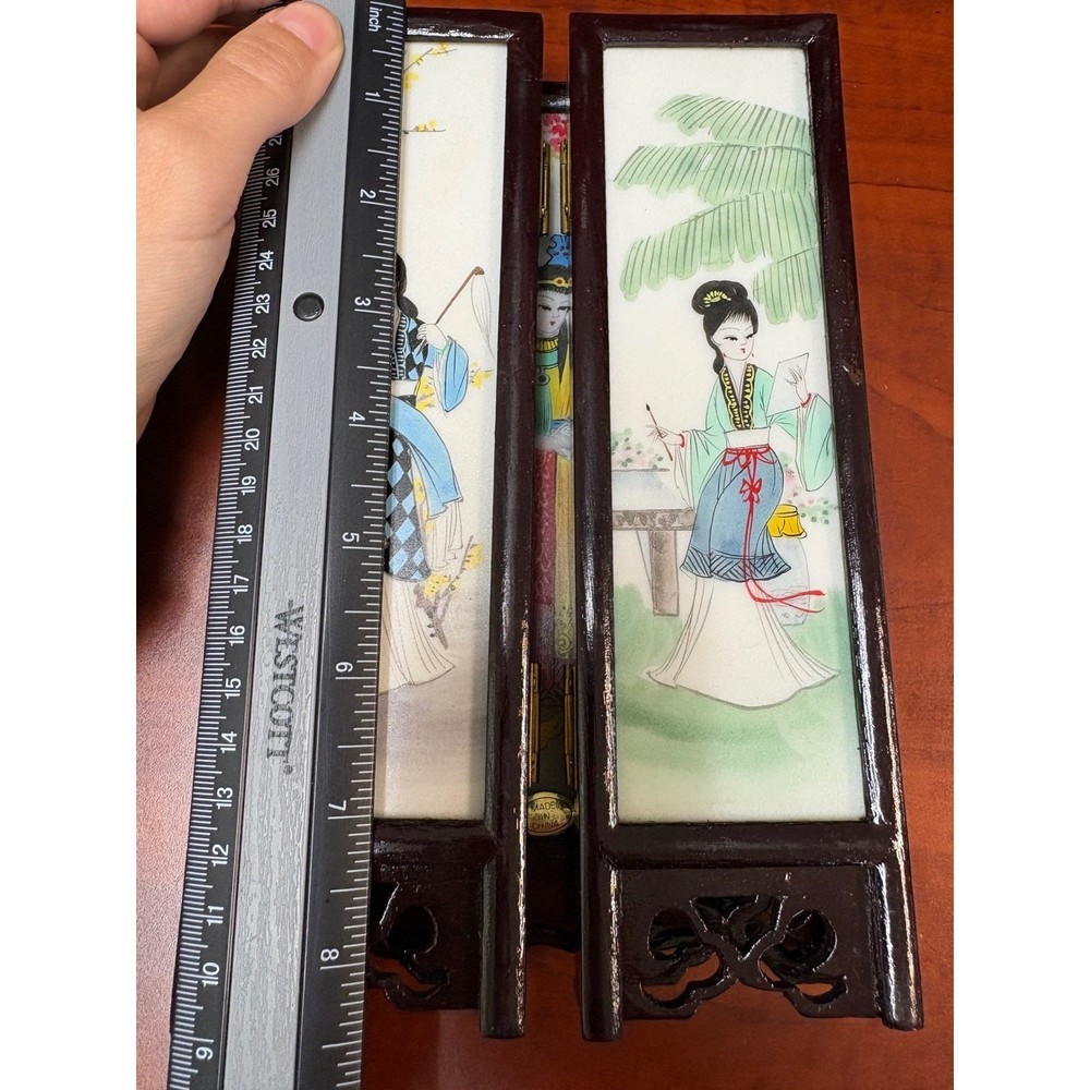 Vintage Chinese Marble Panel Folding Table Screen 5 Panel Wood Frame