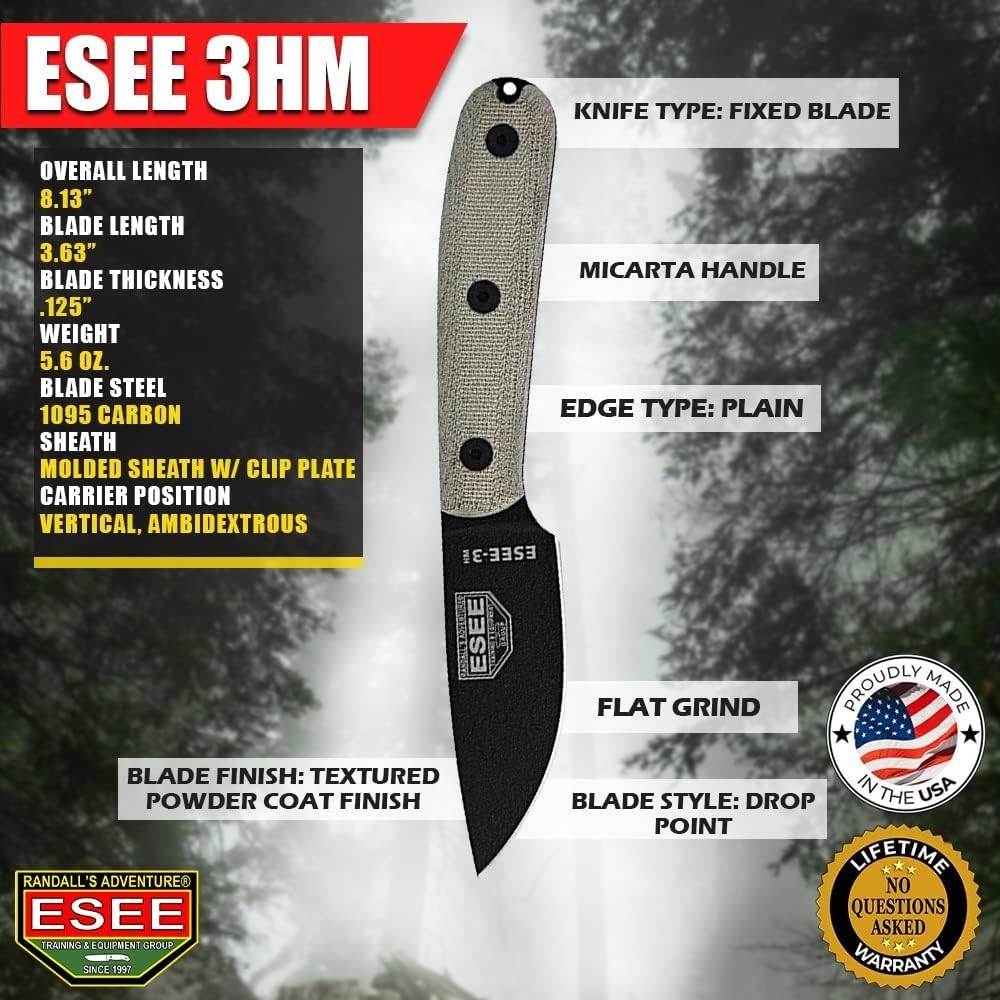 ESEE-3HM-K Fixed Blade Knife, Modified Handle, Plain Edge, Kydex Sheath