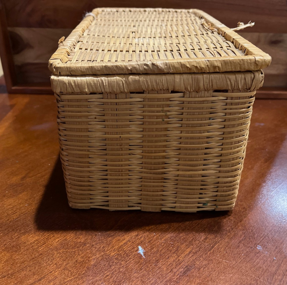 Vintage Wicker Storage Basket with Hinged Lid – Rectangular Organizer 10x5.5x5