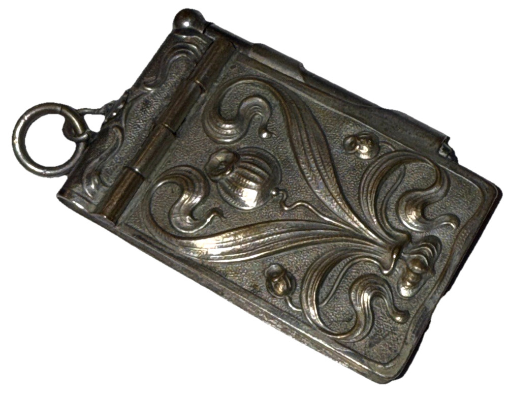 ANTIQUE VICTORIAN SILVER TONE REPOUSSÉ THISTLE CHATELAINE NOTE PAD PENCIL PAPER