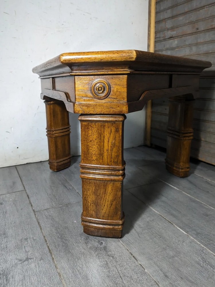 Vintage Rustic Carved Oak Wood Triangular Side Table Spanish Colonial Style