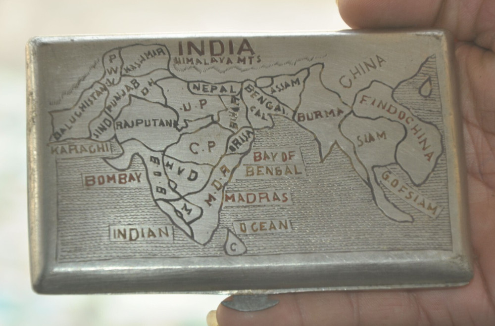 Vintage Brass India Old Map & Bird Engraved Cigarette Box/Case