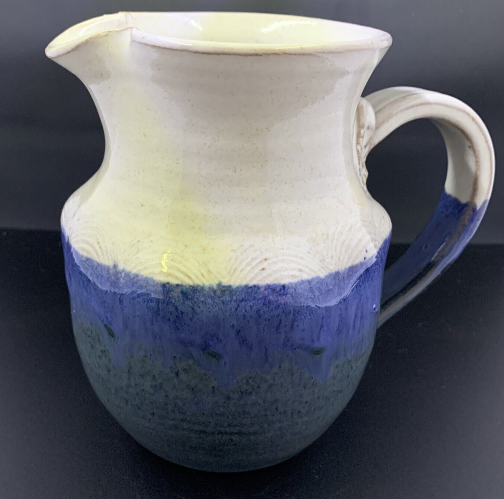 Multicolor Glazed Clay Pottery Pitcher Jug Pinched Edge Spout - Signed