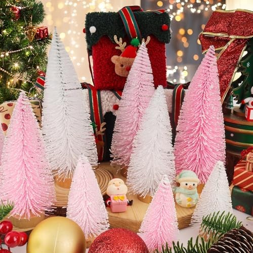 Miniature Pine Tabletop Christmas Tree Topper Light Pink White Decor