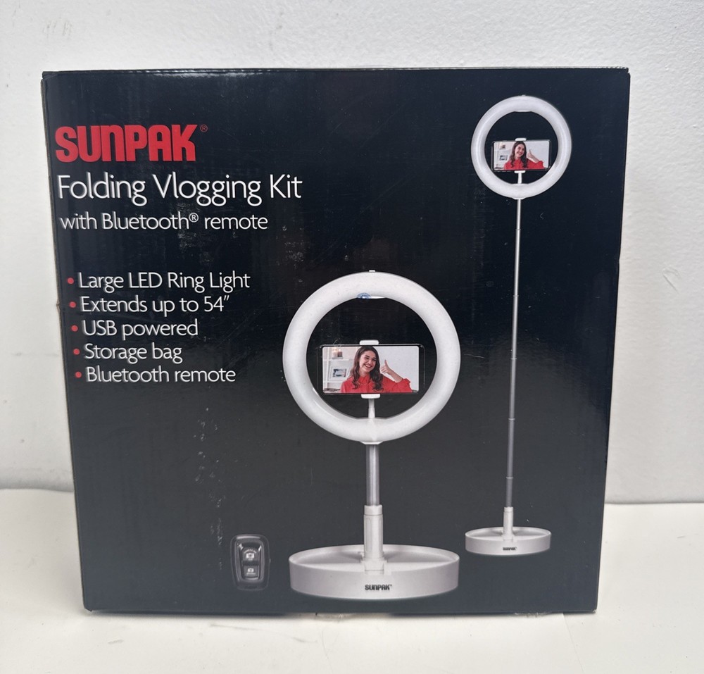 Sunpak Compact Folding Vlogging Kit Ring Light Bluetooth Remote White