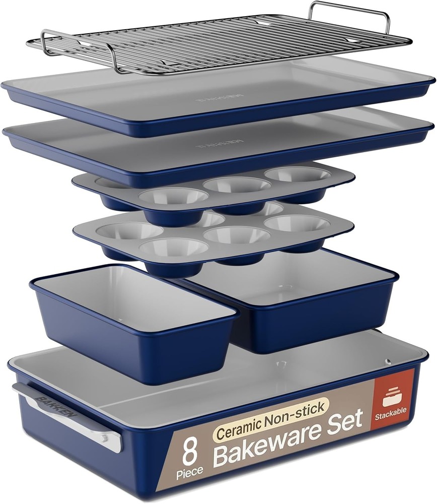 Bakken 8-Piece Stackable Bakeware Set Ceramic Non-Stick Coating Baking Sheets