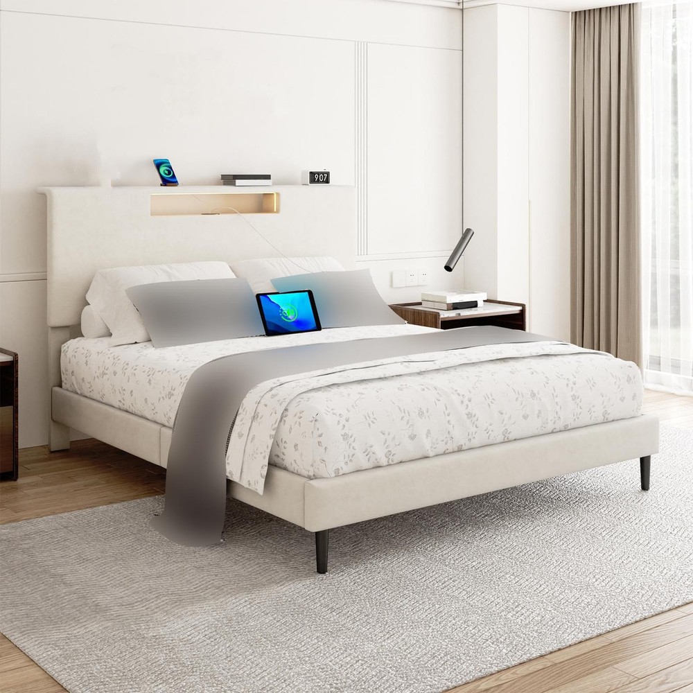 Upholstered Platform Bed Large Size Frame With LED Light And Charging Function