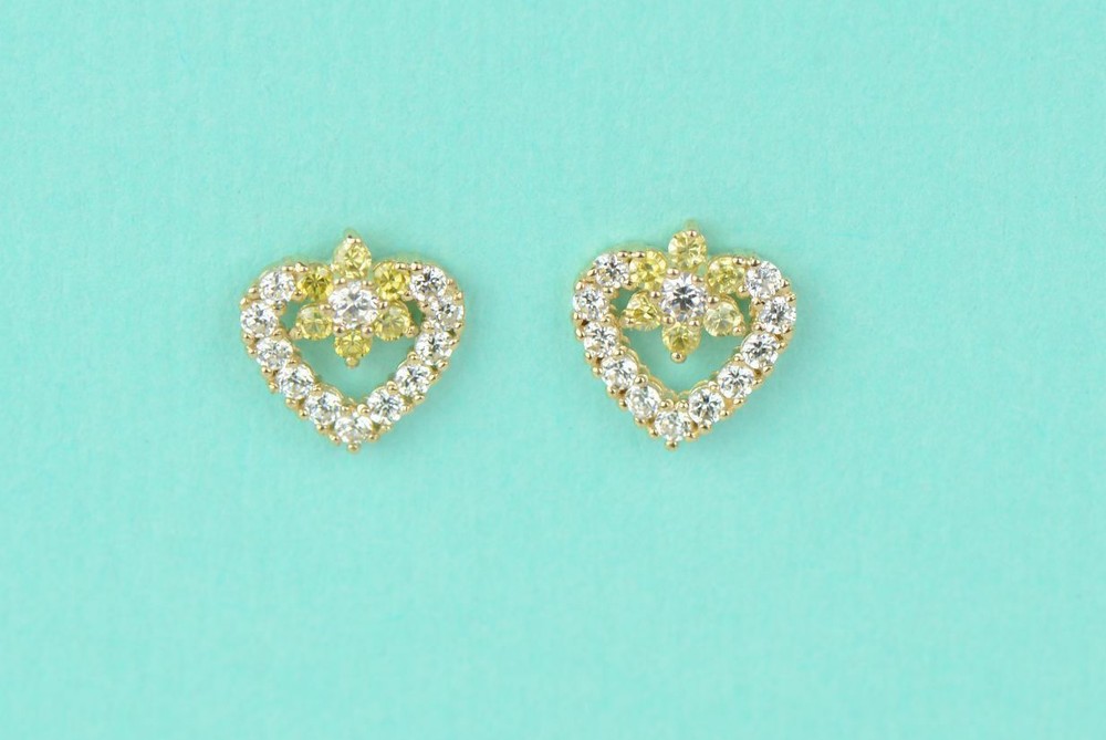 14K Yellow Gold Stud Heart Shape CZ Stud Earrings