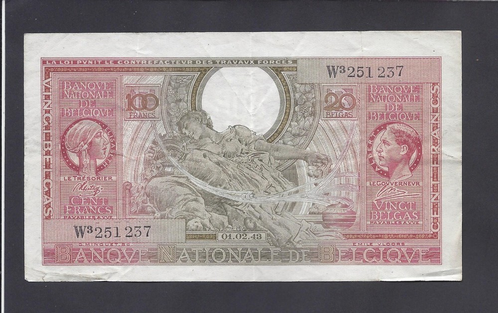 BELGIUM  -  100  FRANCS  1943   @     @