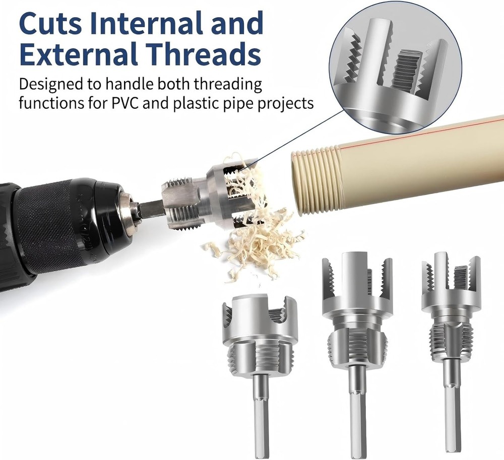 PVC Pipe Threader Set (1/2", 3/4", 1"), Pipe Threading Tool Attachment for Drill