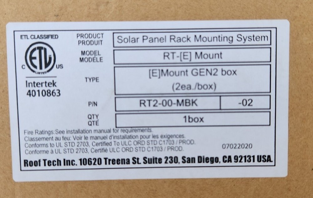 2 Roof Tech Solar Panel Rack Mounting System With Hardware