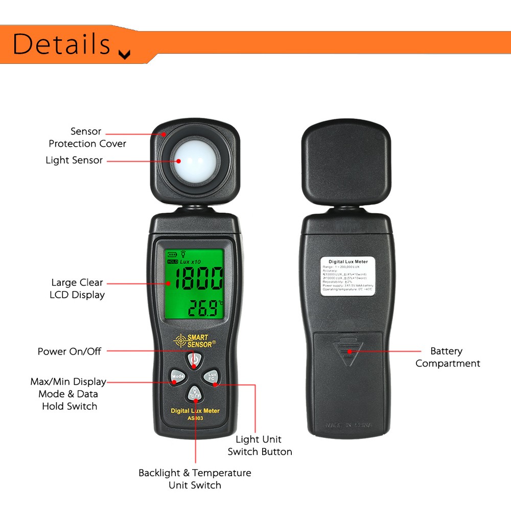 1-SMART SENSOR 0-200000 Digit Meter Illuminometer Luminometer /MIN